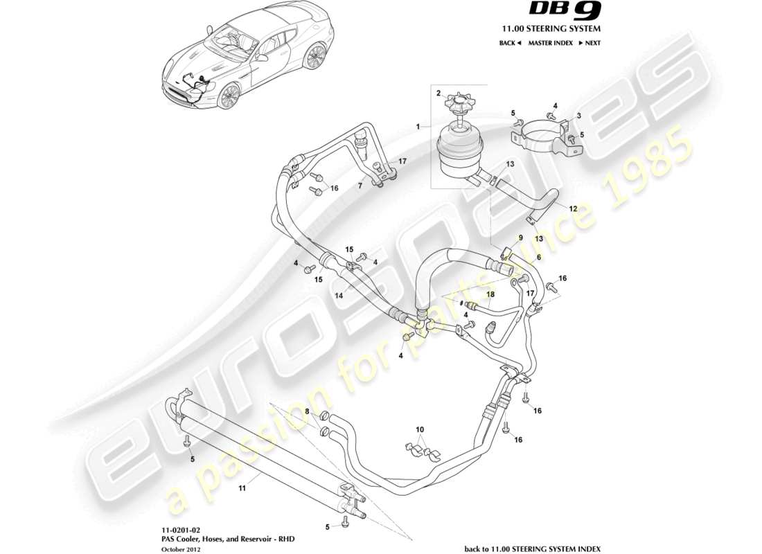 aston martin db9 (2013) tuyaux pas, diagramme de pièces rhd