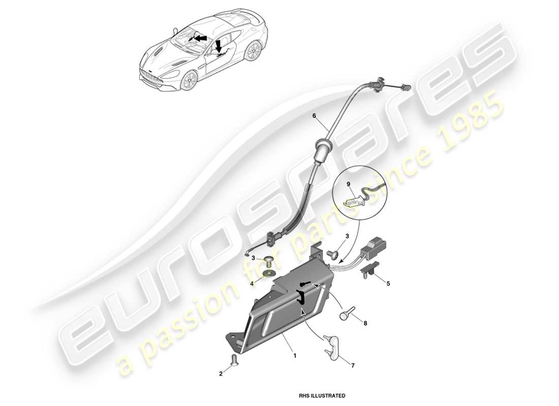 aston martin vanquish (2013) diagramme des poignées intérieures et des pièces d'actionnement