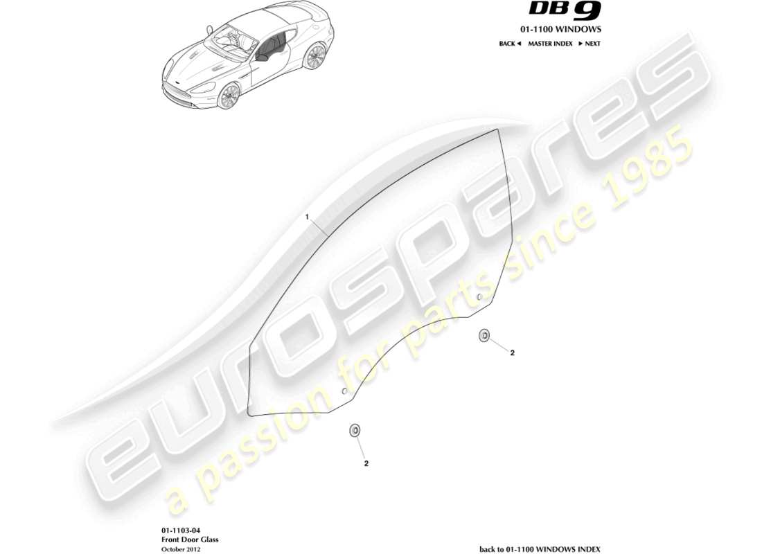 aston martin db9 (2013) schéma des pièces en verre de la porte d'entrée