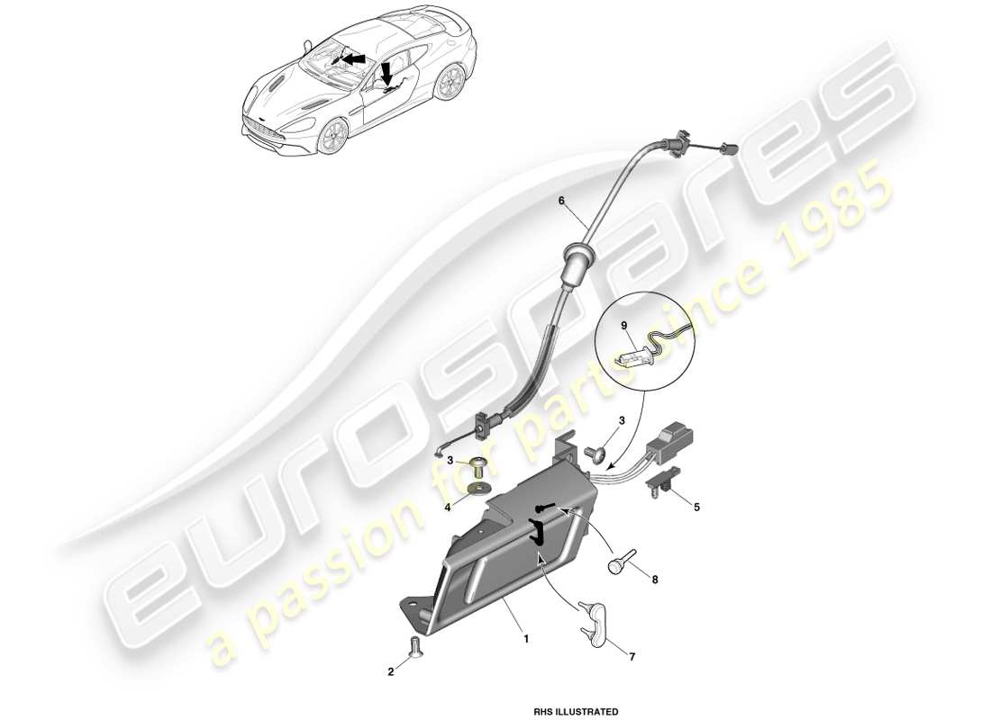 aston martin vanquish (2014) diagramme des poignées intérieures et des pièces d'actionnement