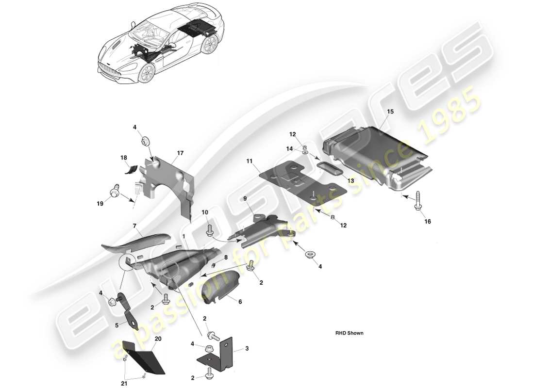aston martin vanquish (2013) isolation thermique, diagramme des pièces d'ajustement du véhicule