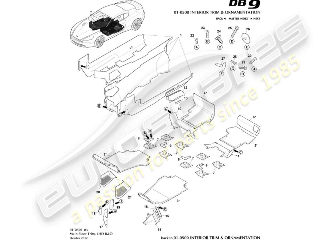 aston martin db9 (2013) garniture du plancher principal, conduite à gauche, diagramme des pièces b&o