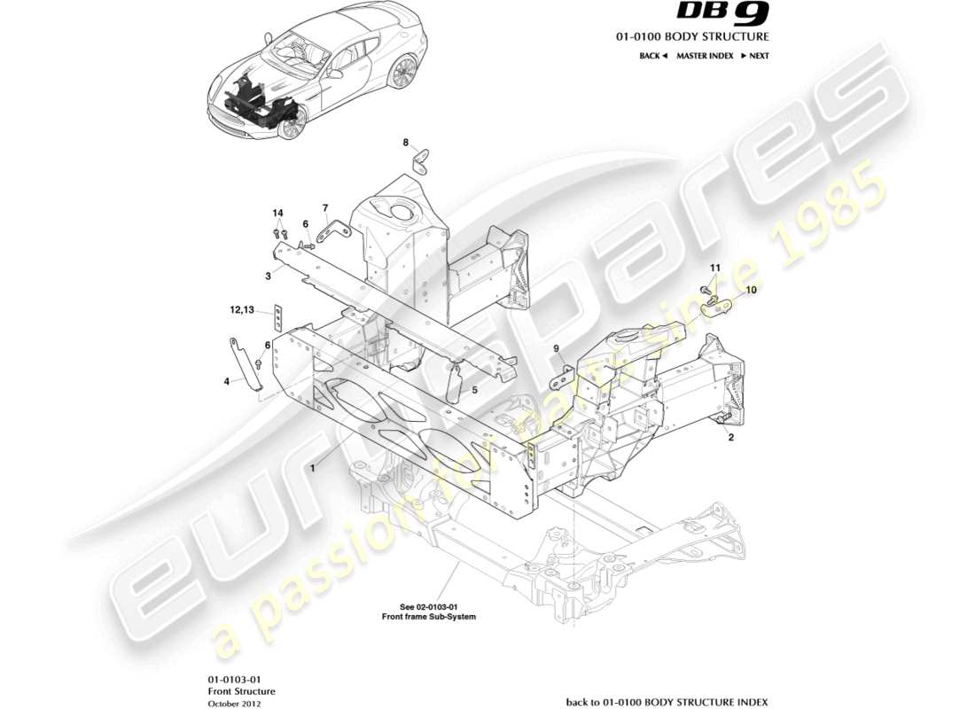 aston martin db9 (2017) diagramme des pièces de la structure avant