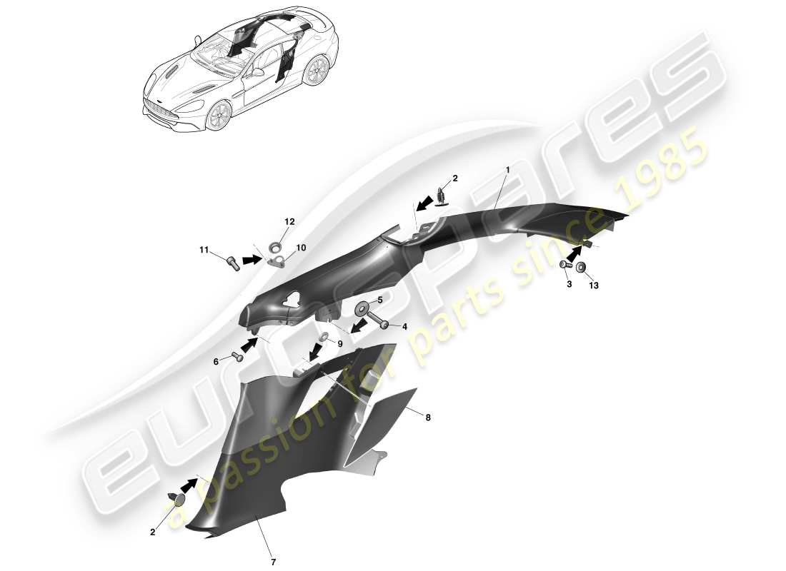aston martin vanquish (2013) panneau de garniture de custode arrière, schéma de pièces du coupé 2+2
