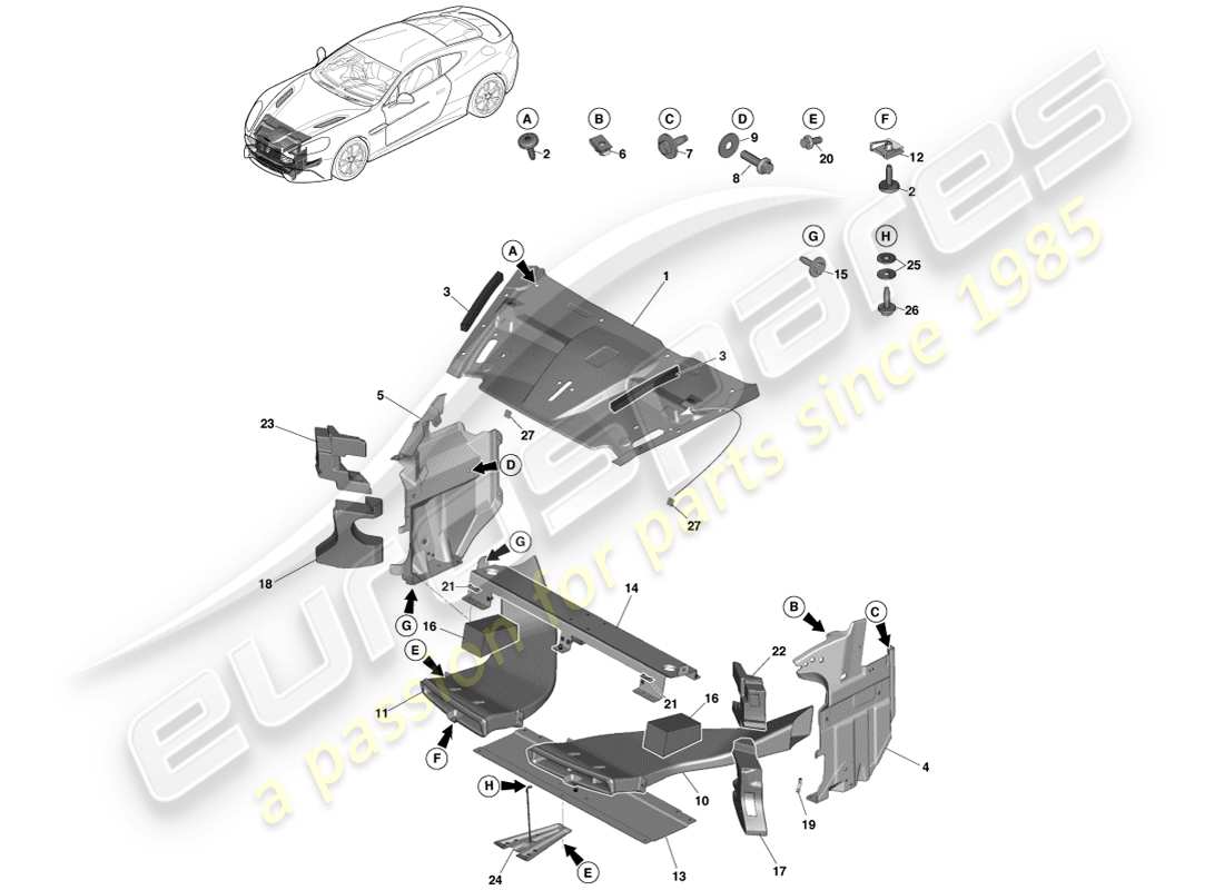 aston martin vanquish (2013) diagramme des pièces du panneau d'ouverture de la grille