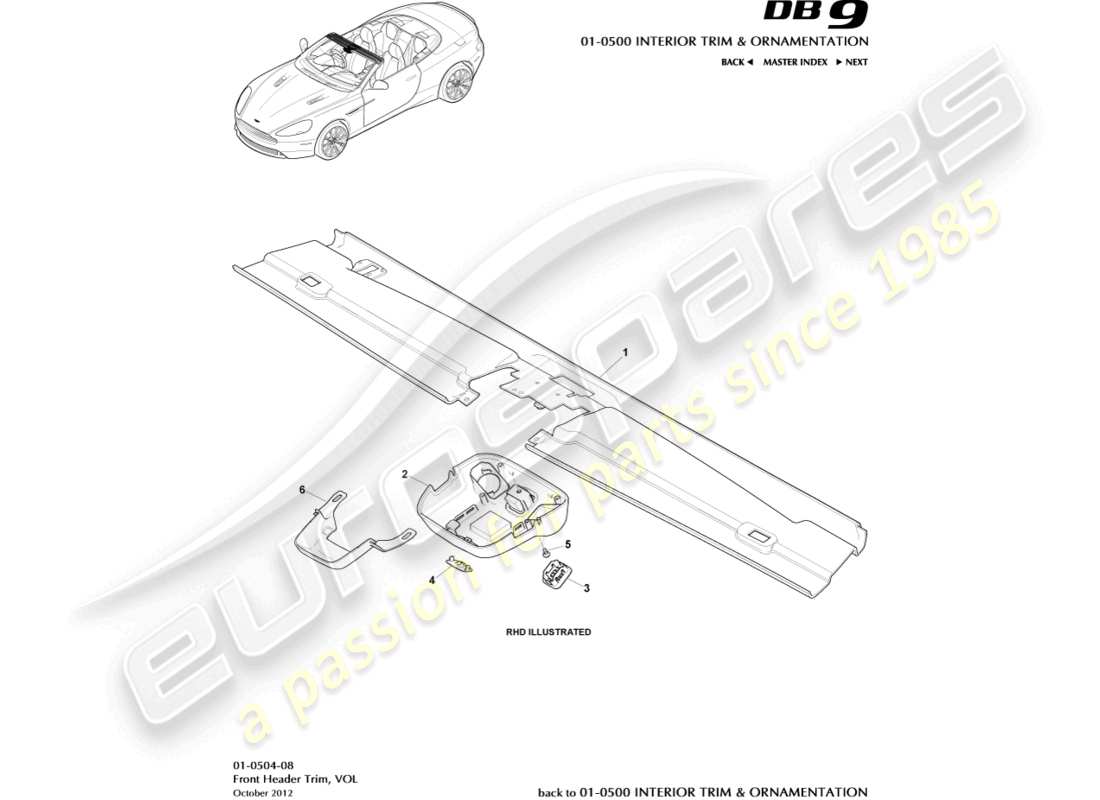 aston martin db9 (2017) garniture de linteau avant, diagramme de pièce volante