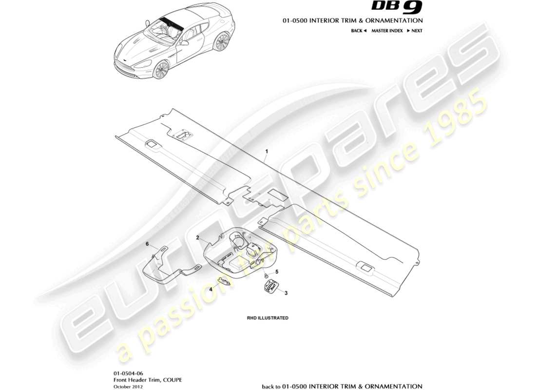 aston martin db9 (2017) garniture de toit avant, diagramme de pièce du coupé