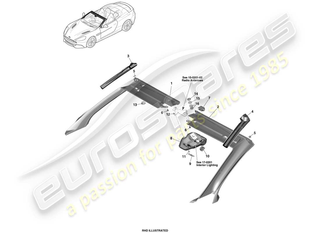 aston martin vanquish (2013) garniture de linteau avant, volante schéma des pièces