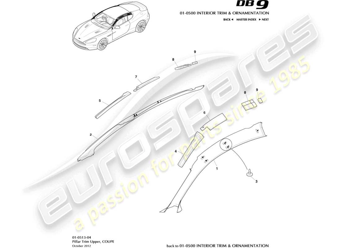 aston martin db9 (2017) garniture de pilier, supérieure, schéma des pièces du coupé