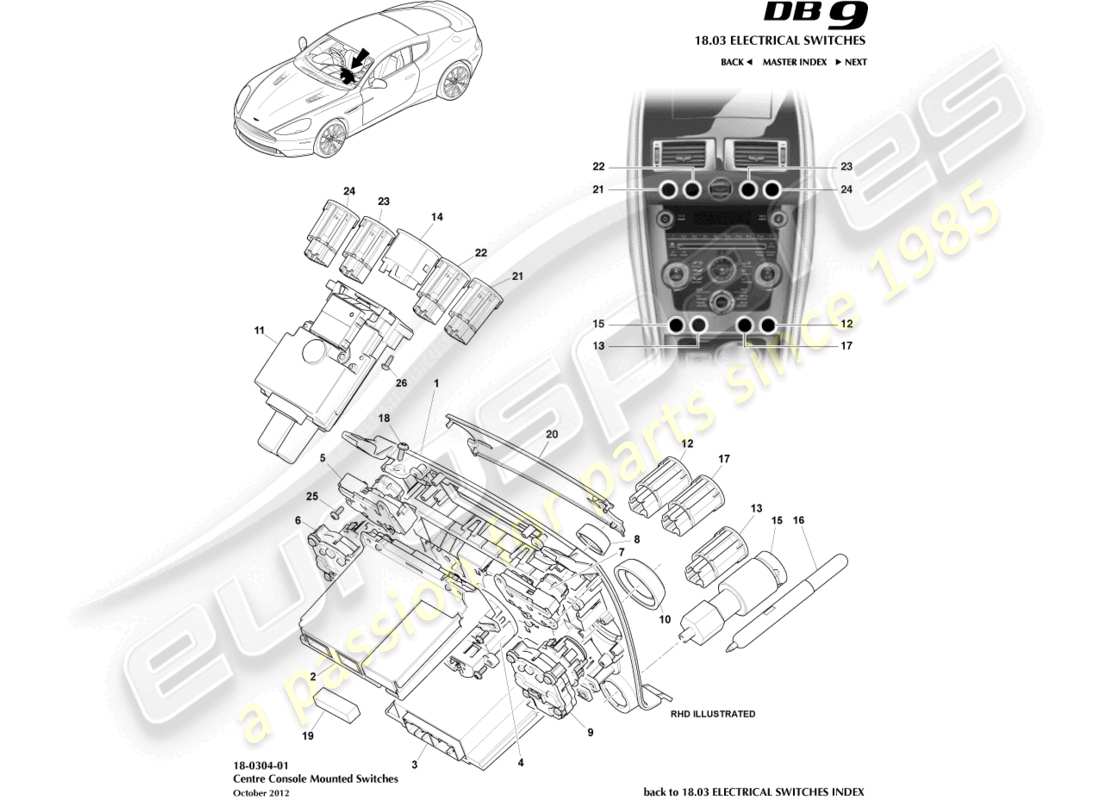 aston martin db9 (2017) commutateurs de console centrale, vers 16my diagramme de pièces