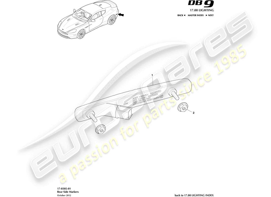 aston martin db9 (2016) diagramme des pièces des marqueurs latéraux arrière