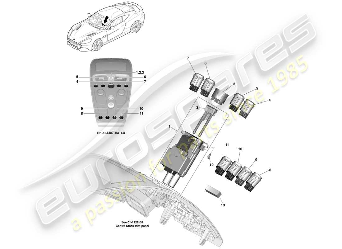 aston martin vanquish (2013) commutateurs de console centrale schéma des pièces