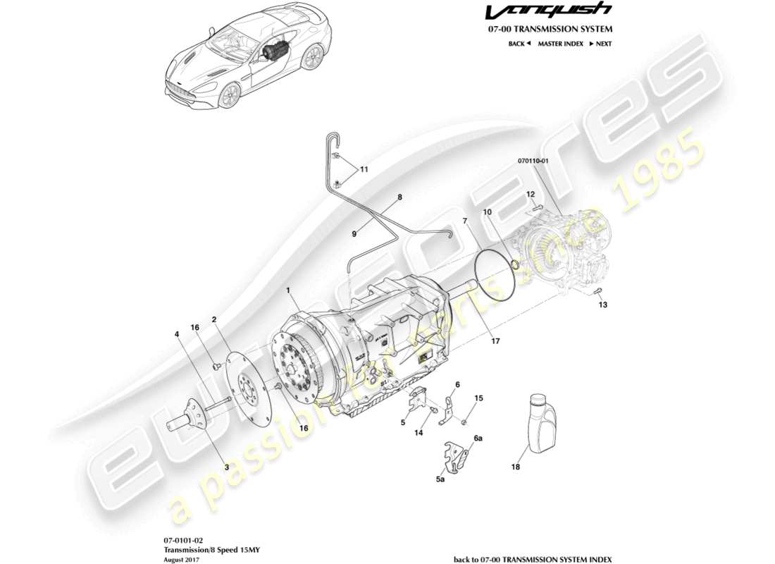 aston martin vanquish (2015) transmission, 8 vitesse schéma des pièces