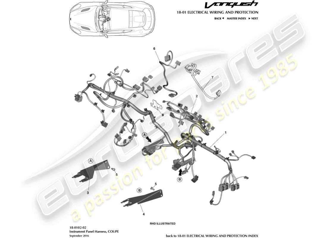 aston martin vanquish (2016) diagramme des pièces du faisceau ip