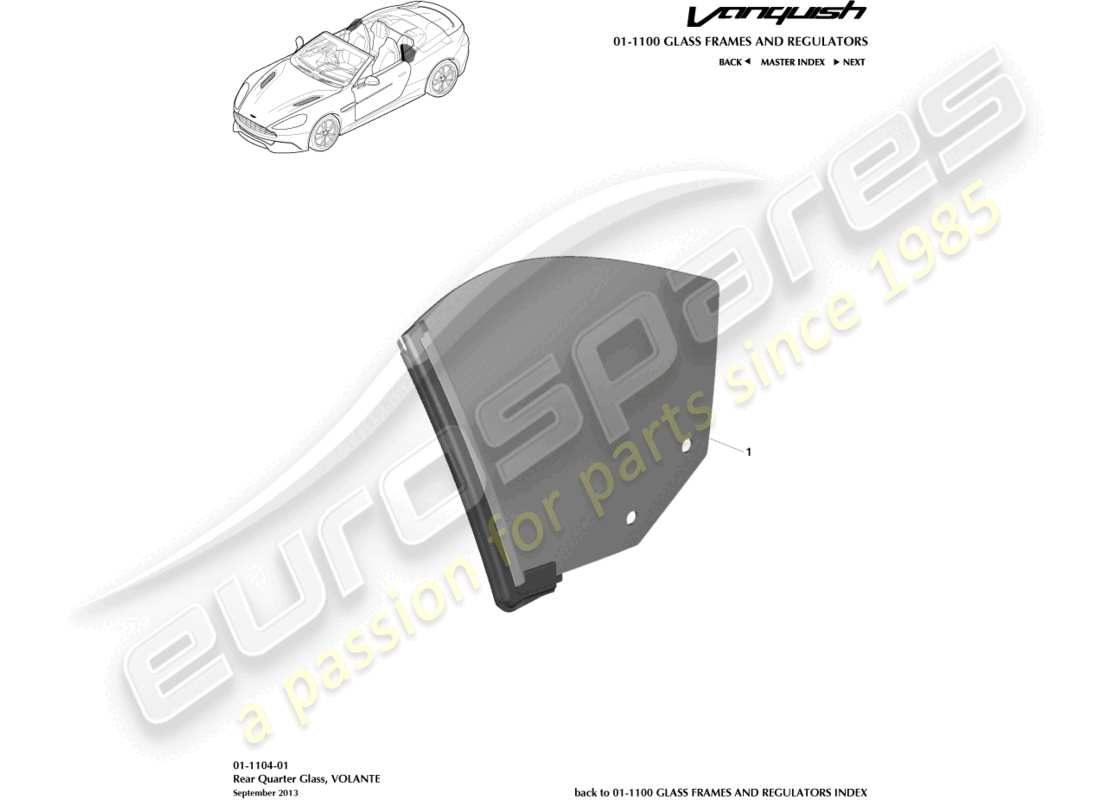 aston martin vanquish (2016) vitre de custode arrière, diagramme de pièce volante