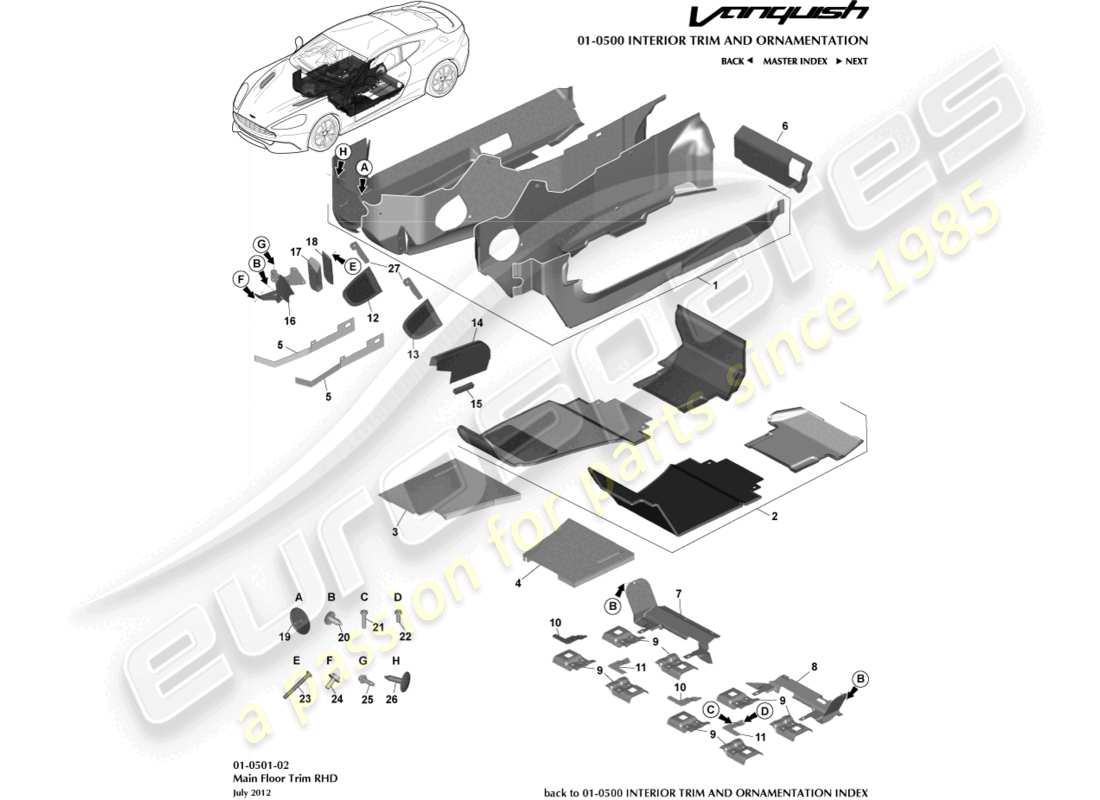 aston martin vanquish (2015) garniture de plancher principal, diagramme de pièce à droite
