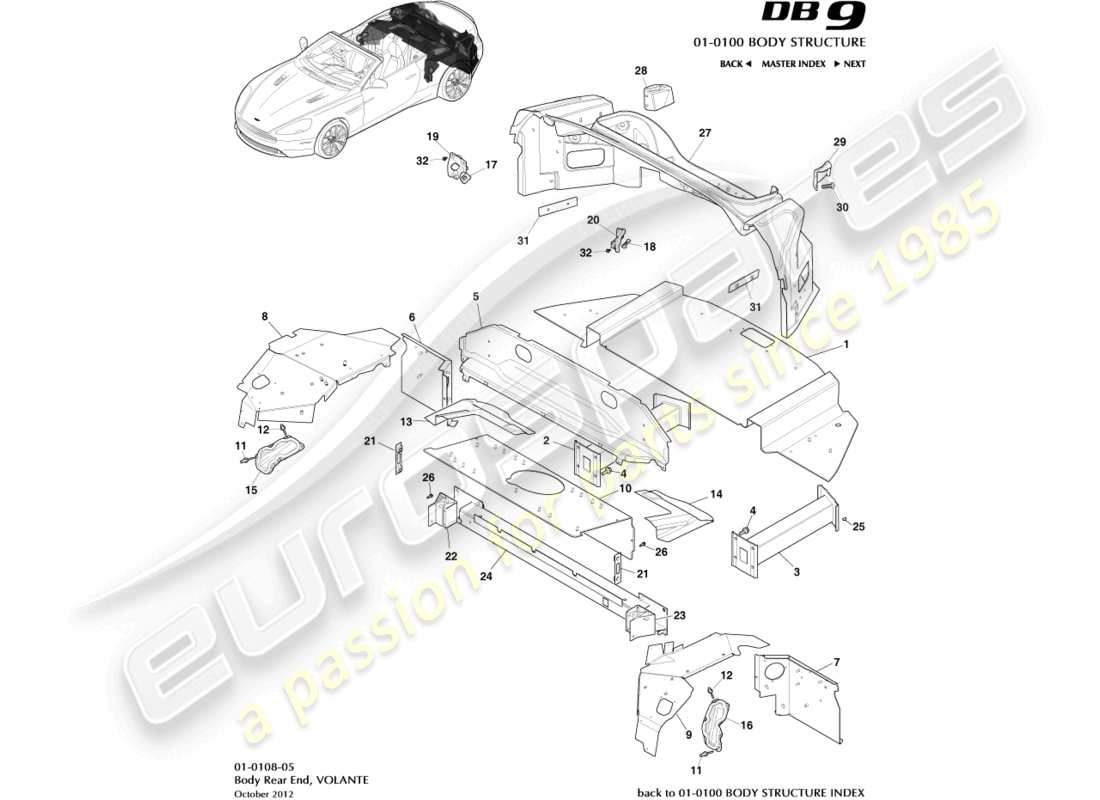 aston martin db9 (2017) partie arrière de la carrosserie, diagramme de pièces volante