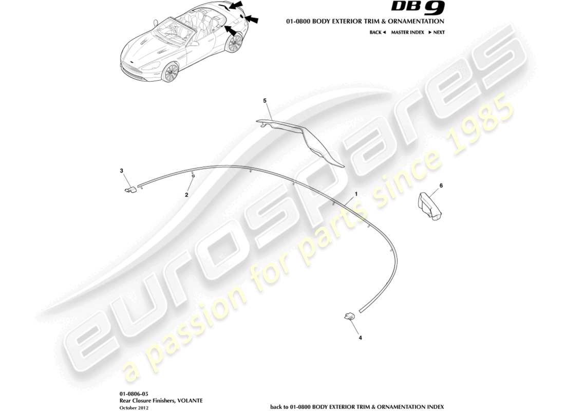 aston martin db9 (2013) finitions de fermeture arrière, diagramme de pièce volante