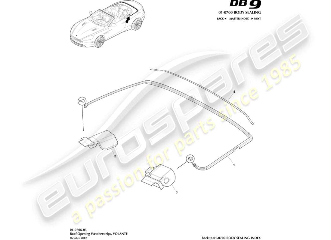 aston martin db9 (2013) coupe-froid d'ouverture de toit, diagramme de pièce volante