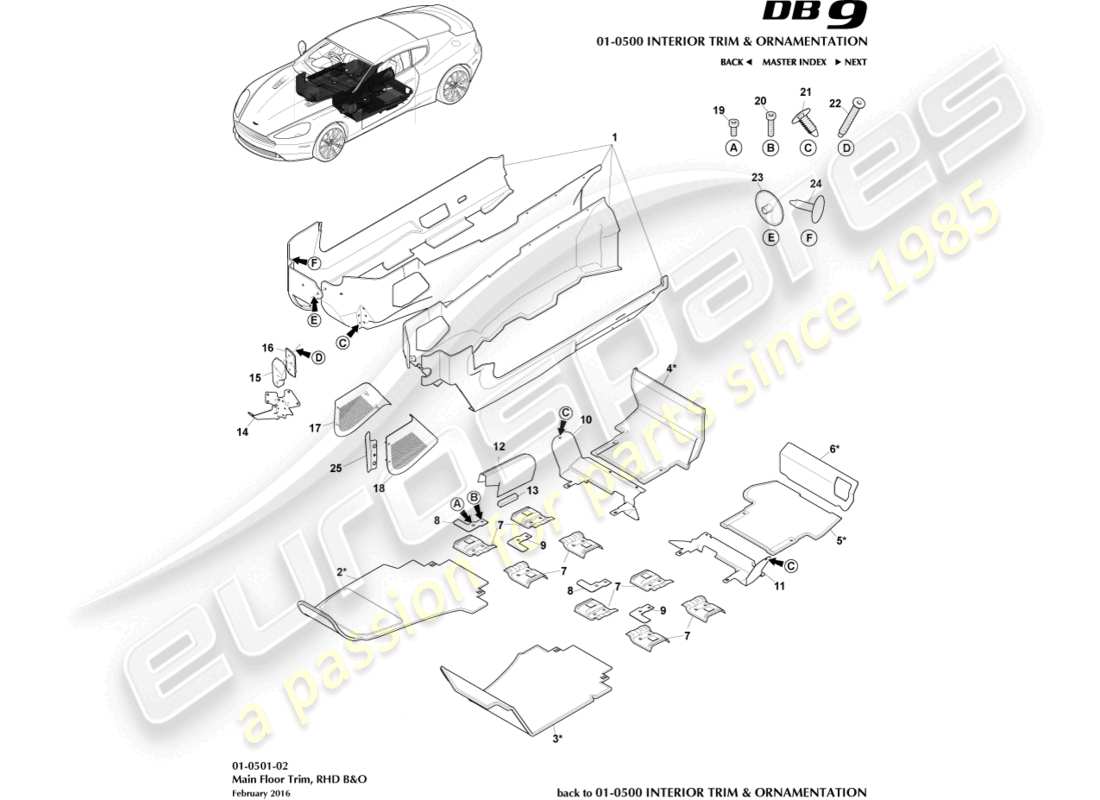 aston martin db9 (2017) garniture du plancher principal, conduite à droite, diagramme des pièces b&o