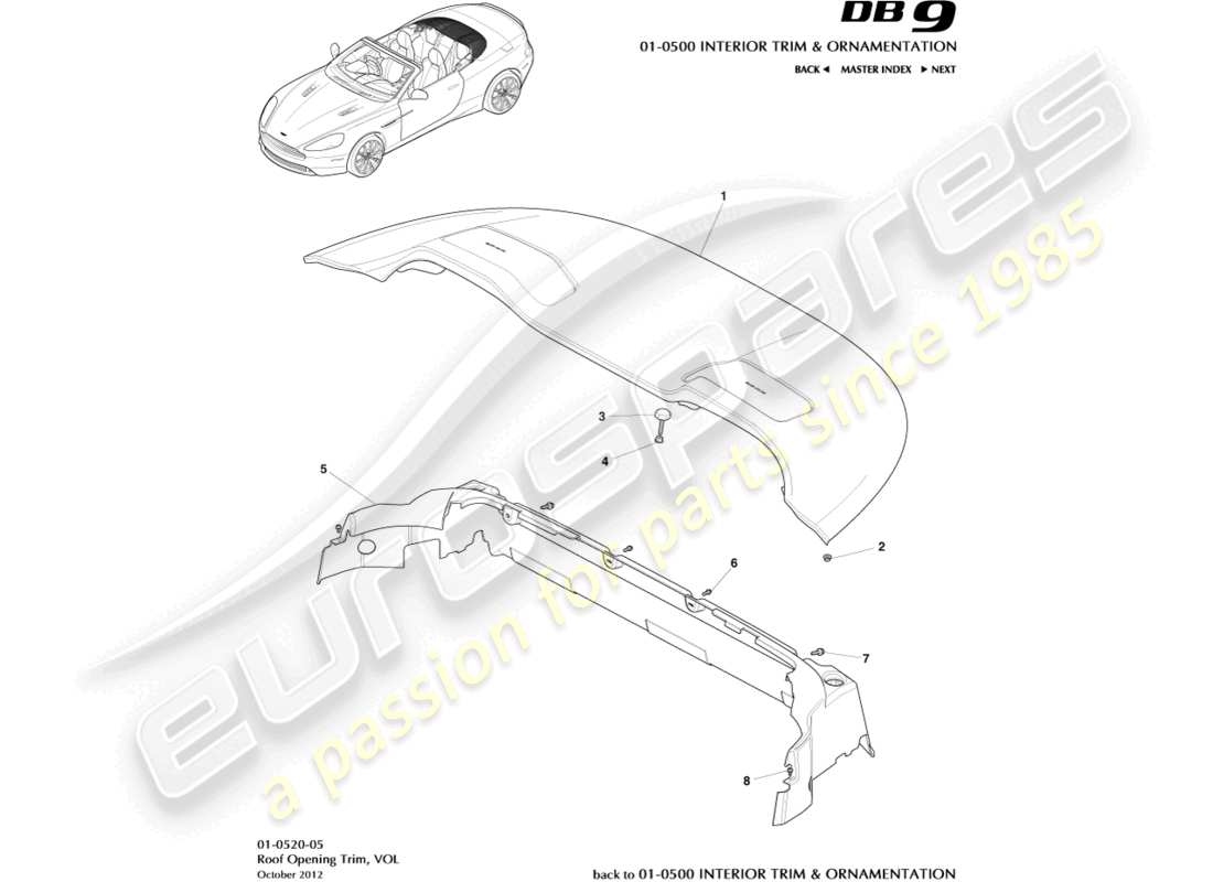 aston martin db9 (2013) garniture d'ouverture de toit, diagramme de pièce volante
