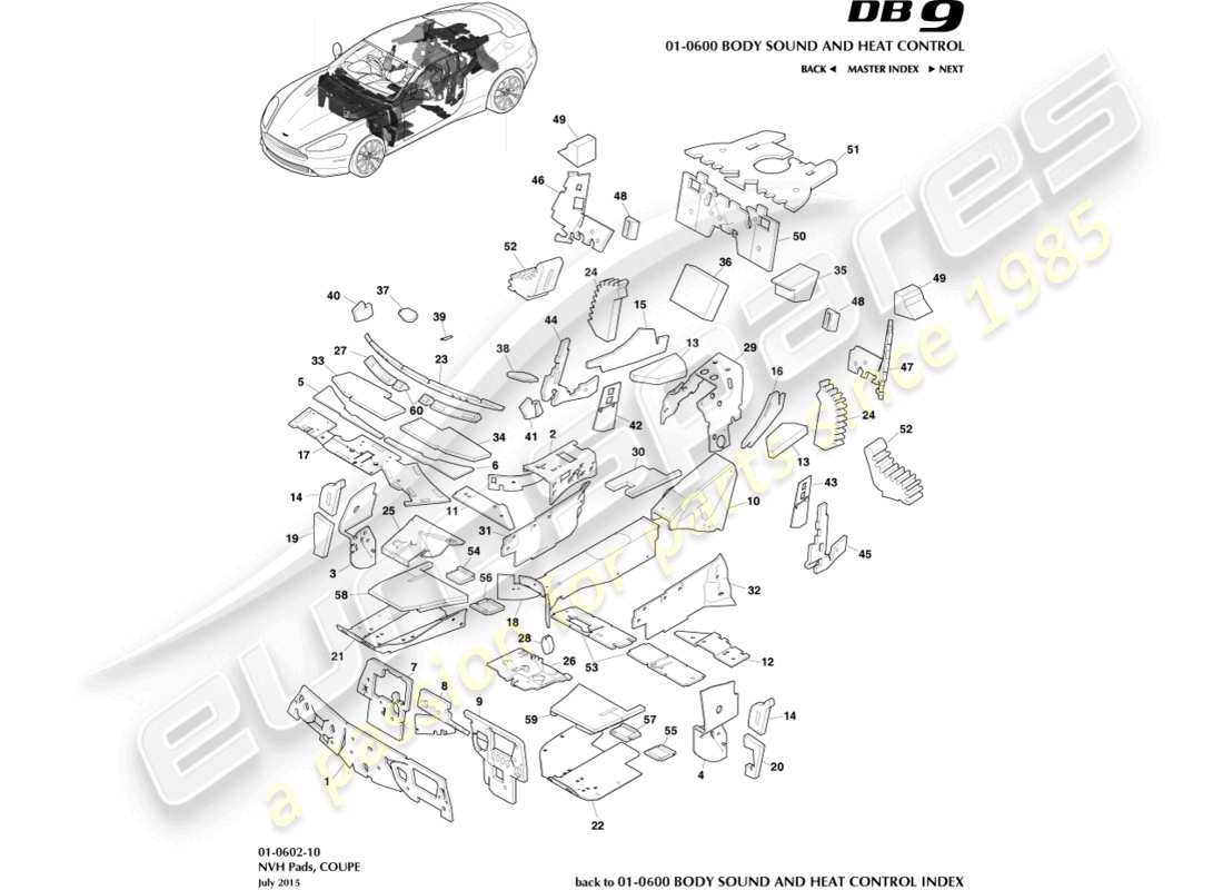 aston martin db9 (2017) plaquettes nvh, diagramme de pièce du coupé
