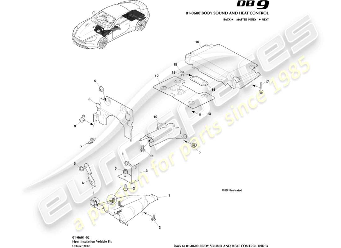 aston martin db9 (2017) isolation thermique, diagramme des pièces d'ajustement du véhicule