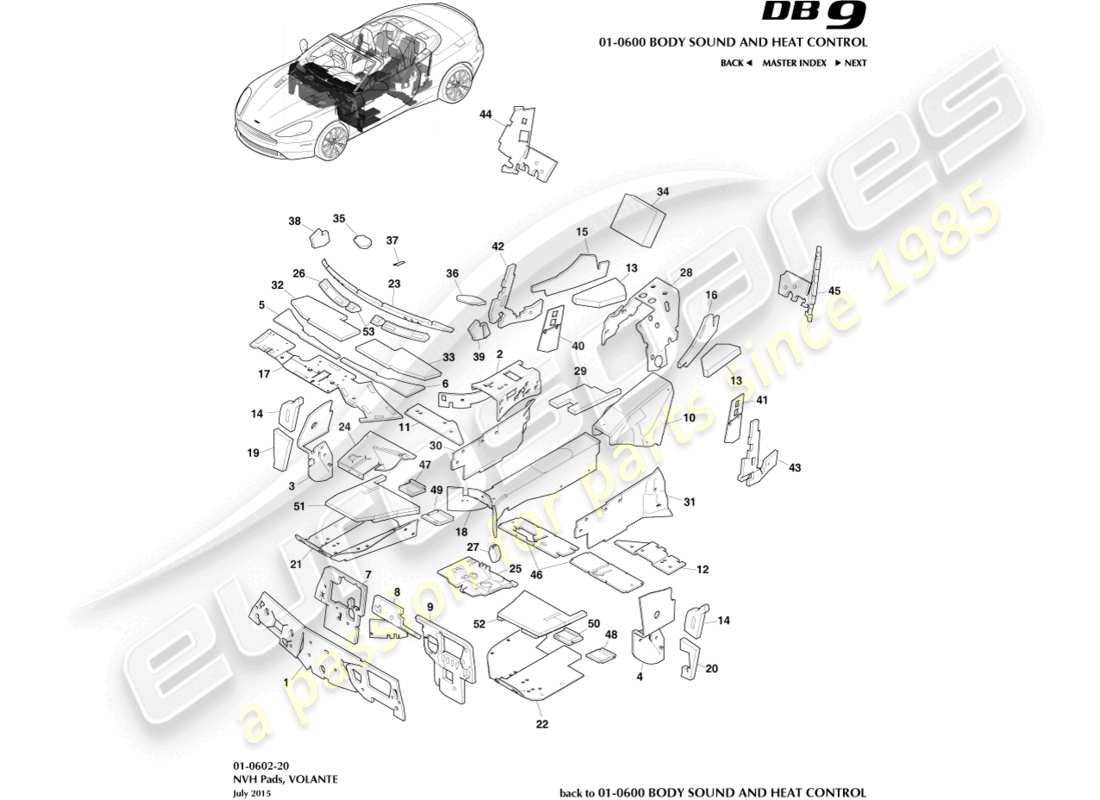 aston martin db9 (2013) coussinets nvh, diagramme de pièce volante