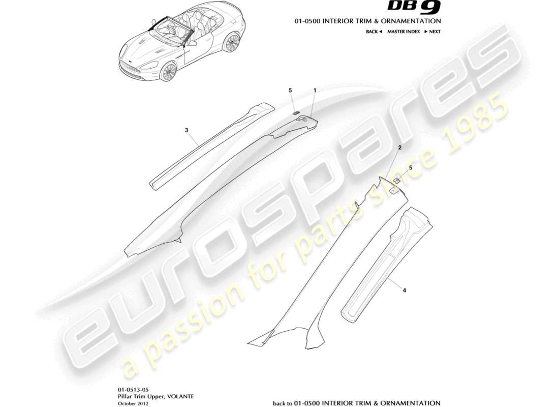 aston martin db9 (2017) garniture de pilier, supérieure, diagramme de pièce volante