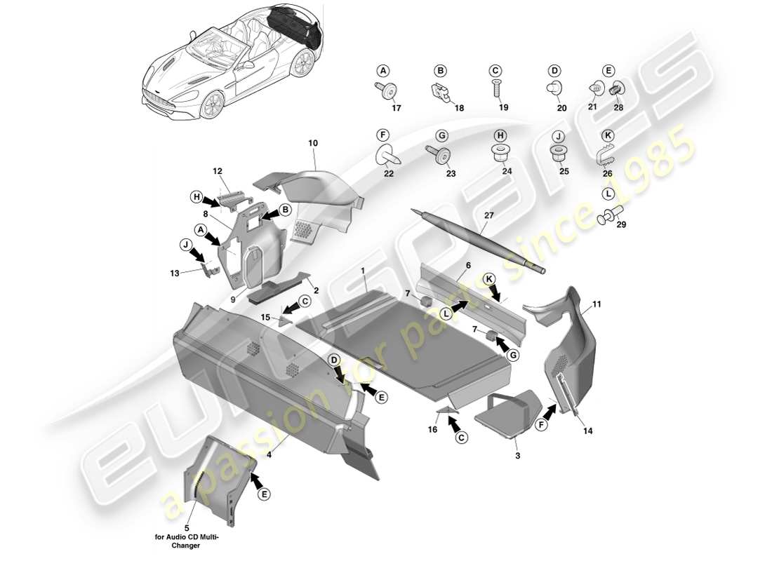 aston martin vanquish (2013) chargement de la garniture du compartiment, schéma des pièces volante