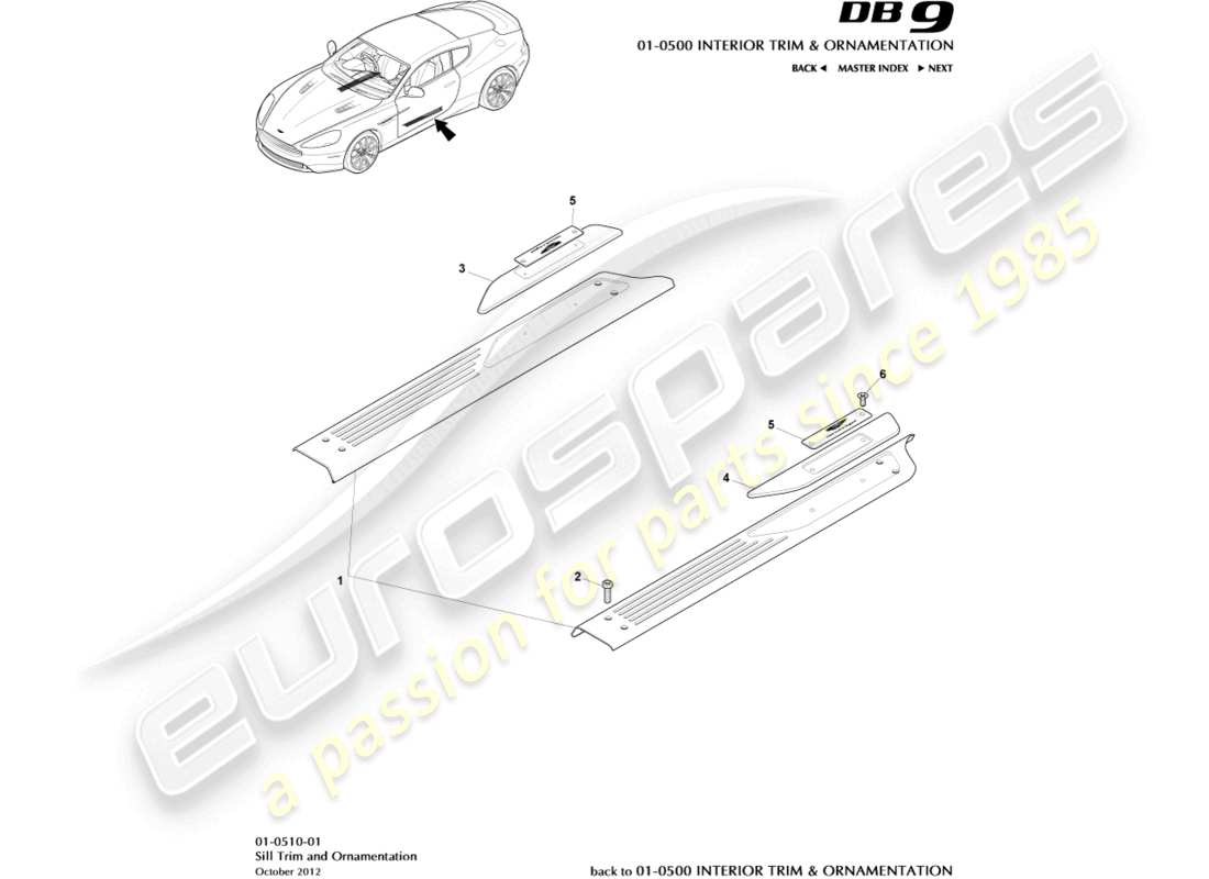 aston martin db9 (2013) schéma des pièces de garniture et d'ornementation de seuil