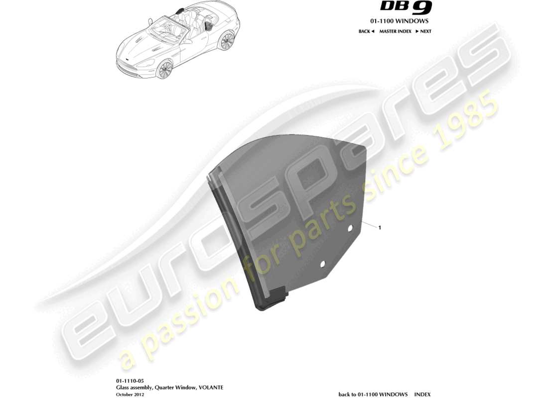 aston martin db9 (2013) vitre de custode arrière, diagramme de pièce volante