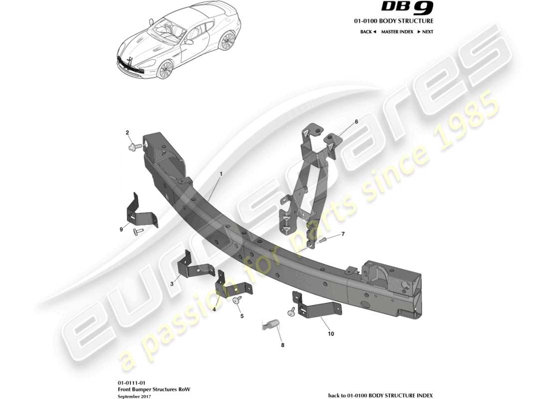 aston martin db9 (2017) structure du pare-chocs avant, diagramme des pièces de l'emprise