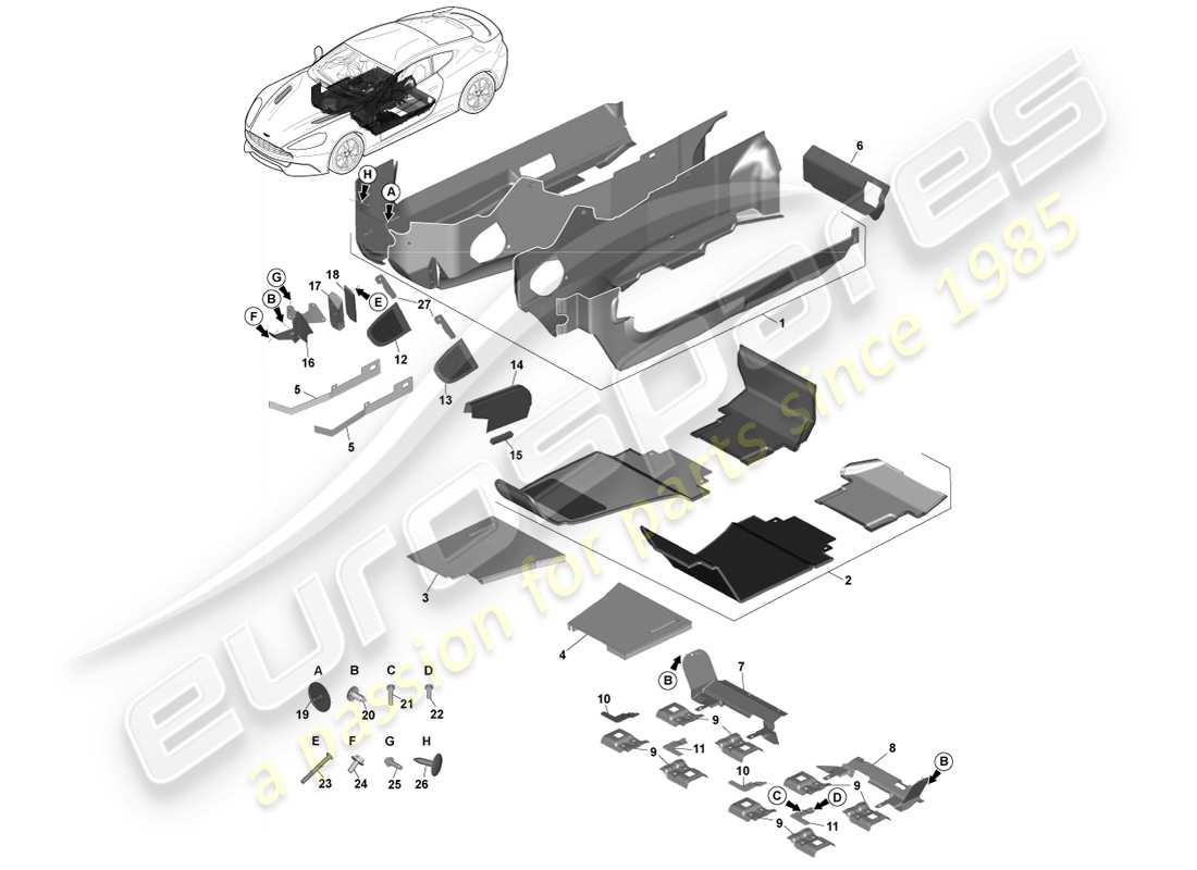 aston martin vanquish (2013) garniture de plancher principal, diagramme de pièce à droite