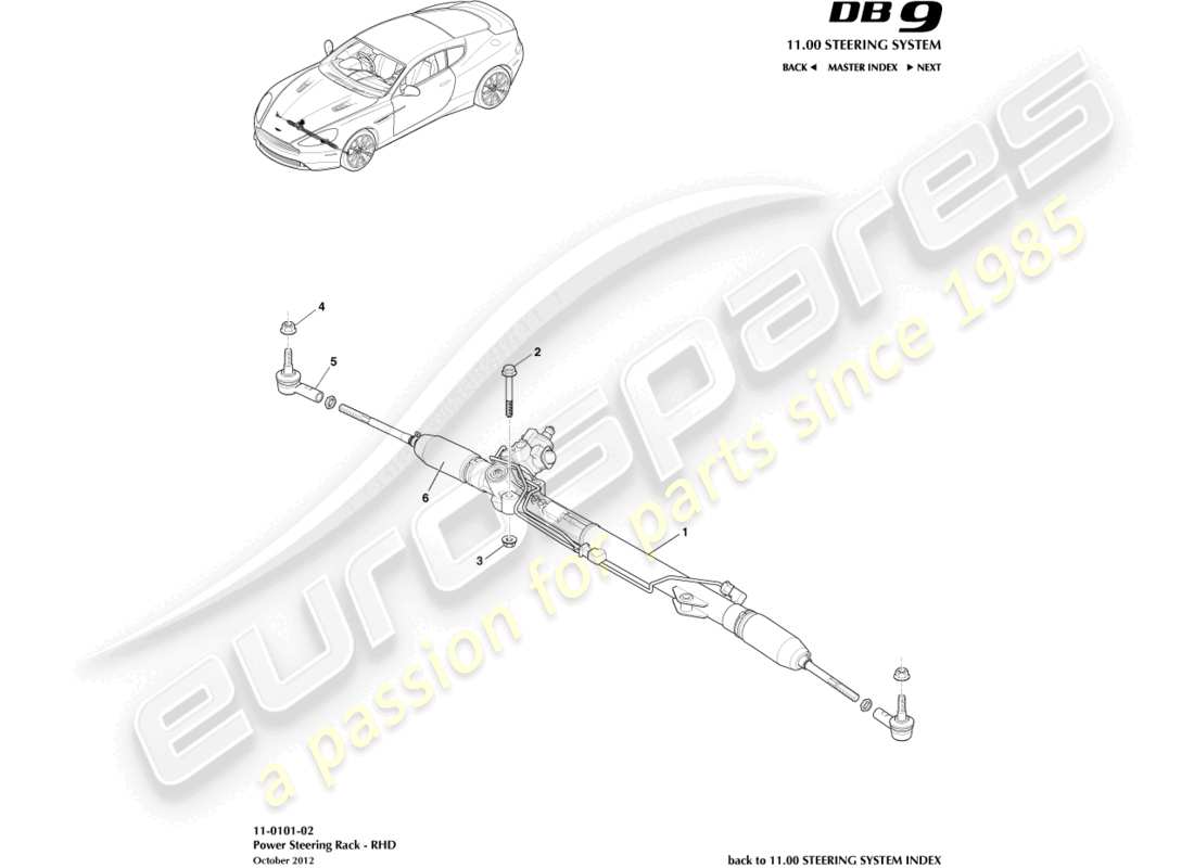 aston martin db9 (2013) crémaillère de direction, diagramme de pièces rhd