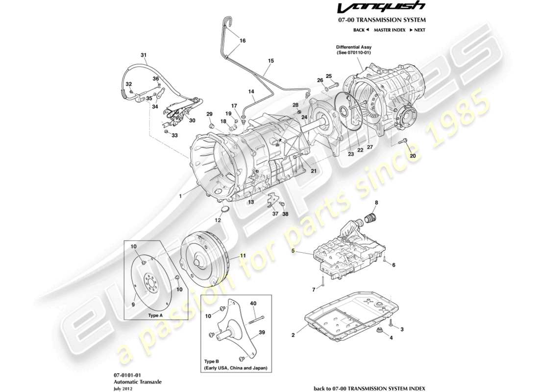 aston martin vanquish (2017) transmission, 6spd schéma des pièces