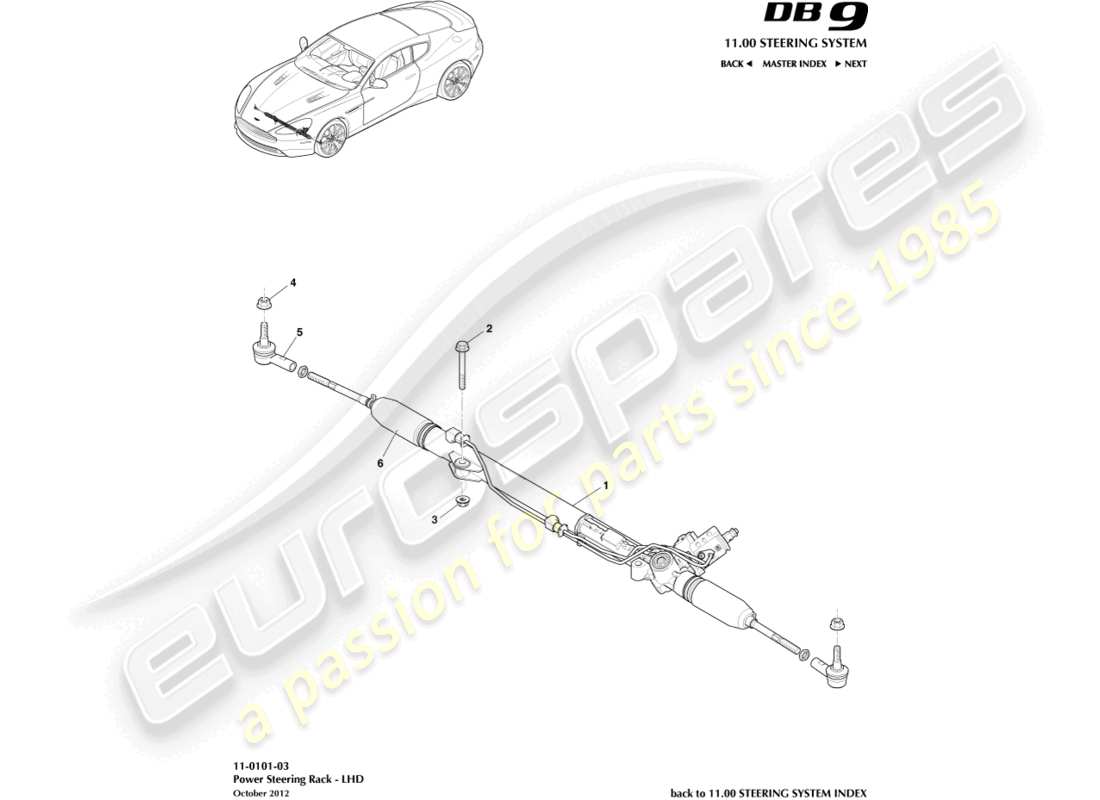 aston martin db9 (2013) crémaillère de direction, diagramme de pièces lhd