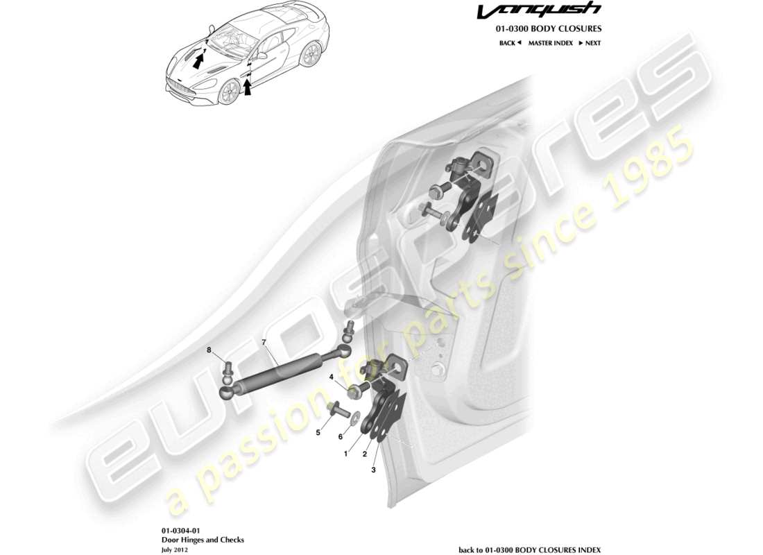 aston martin vanquish (2015) assemblage de charnières de porte schéma des pièces