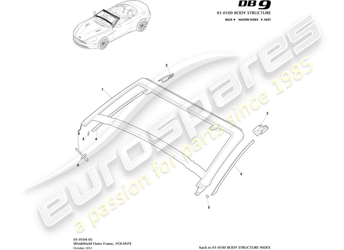aston martin db9 (2017) cadre extérieur de pare-brise, diagramme de pièce volante