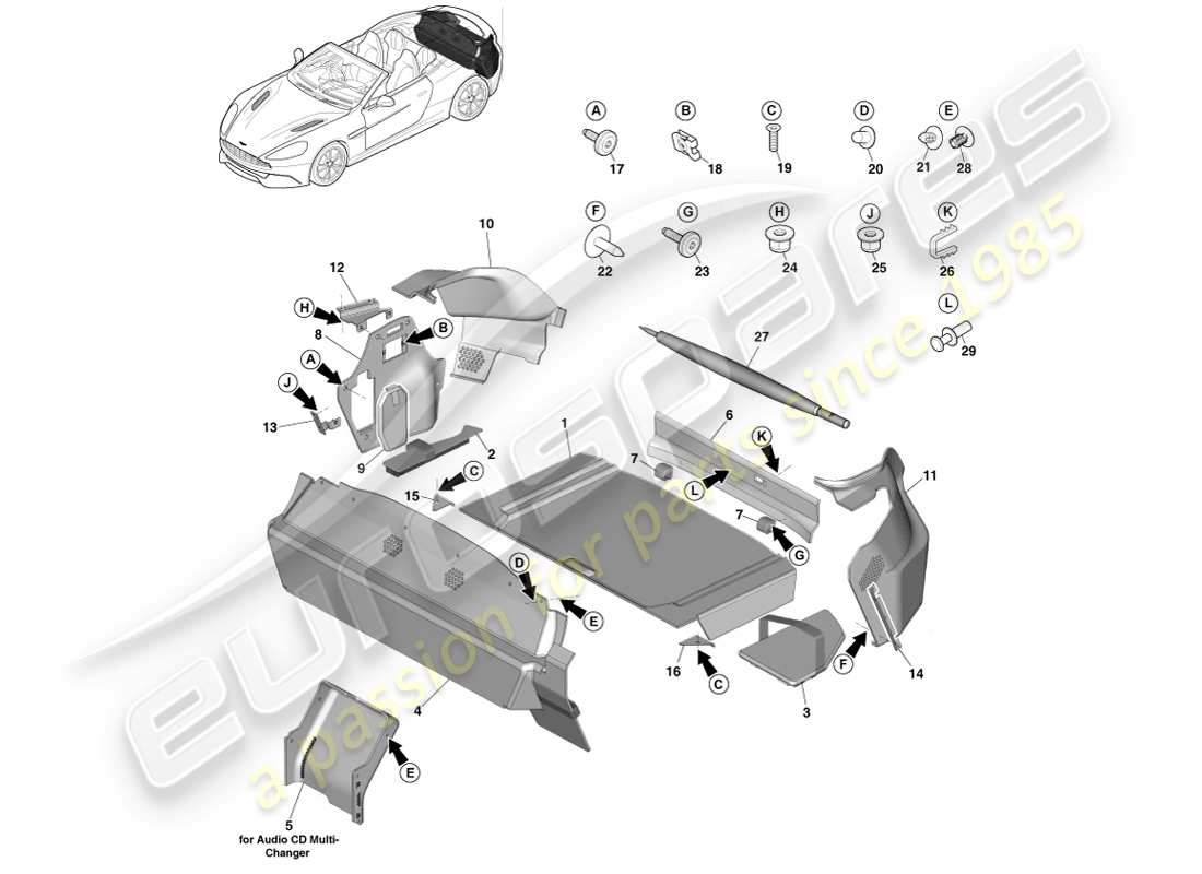 aston martin vanquish (2014) garniture du compartiment de chargement, volante schéma des pièces