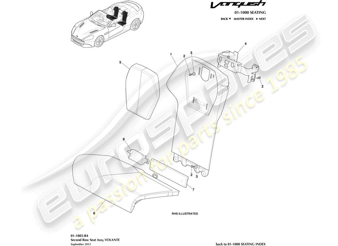 aston martin vanquish (2016) sièges arrière, diagramme de pièce volante