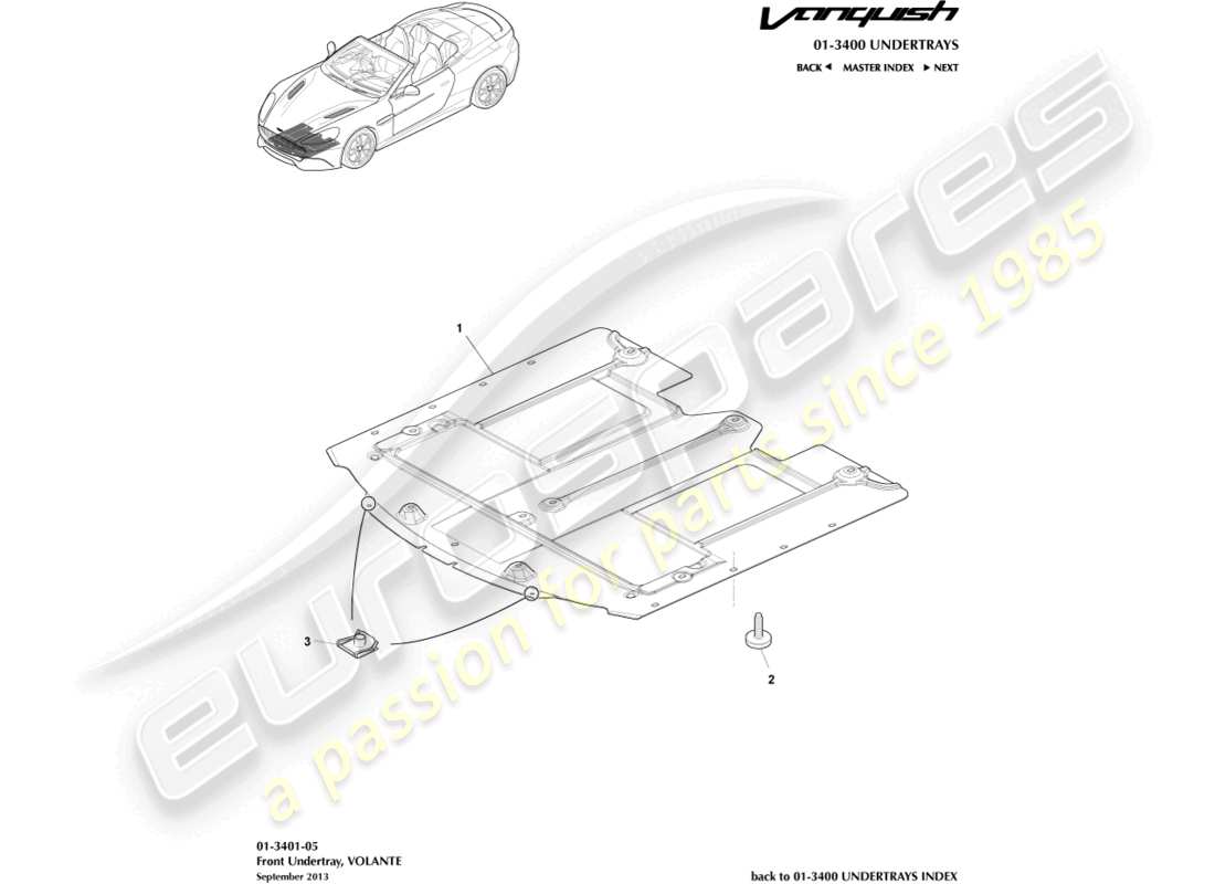 aston martin vanquish (2016) sous-plateau avant, diagramme de pièce volante