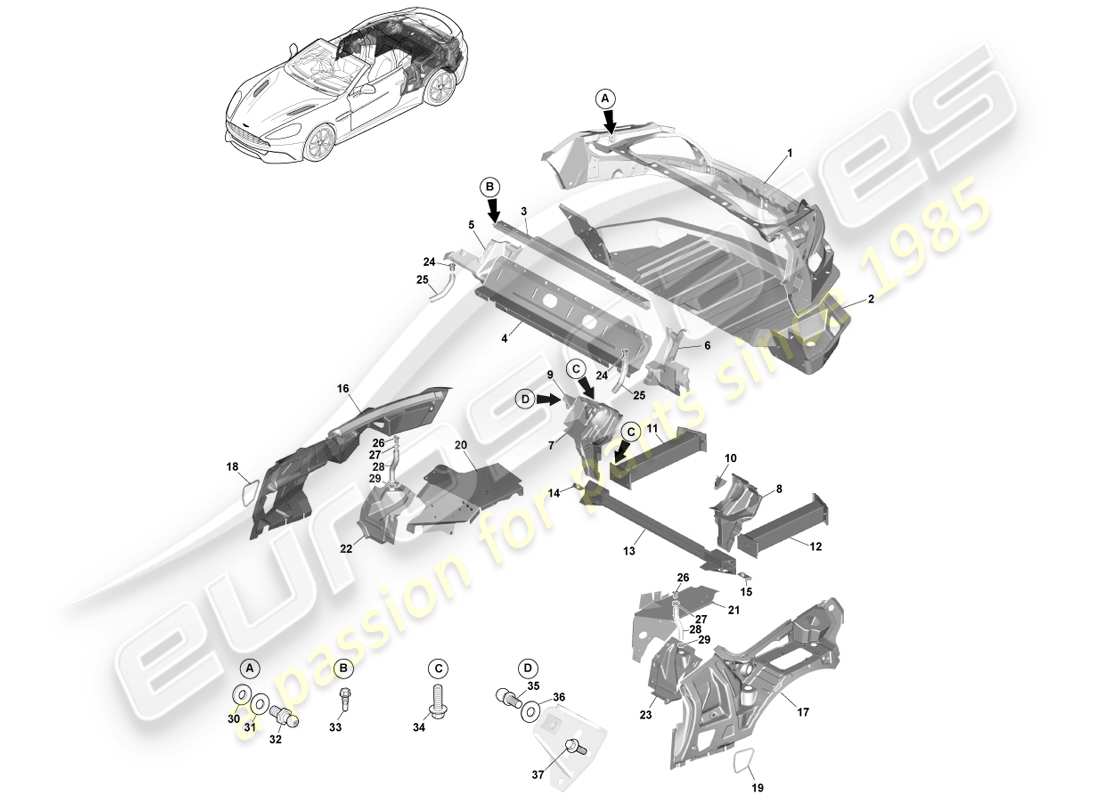 aston martin vanquish (2014) partie arrière de la carrosserie, diagramme de pièces volante