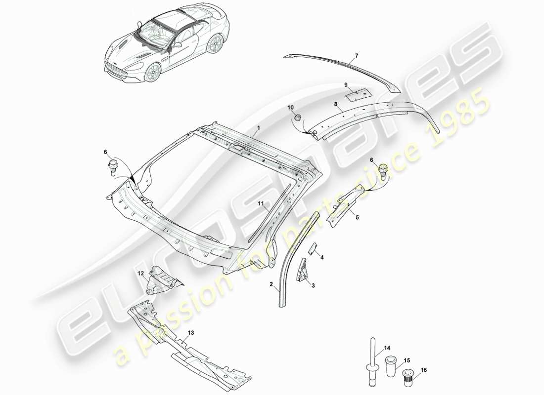 aston martin vanquish (2014) tableau de bord et capot de carrosserie, diagramme de pièce du coupé