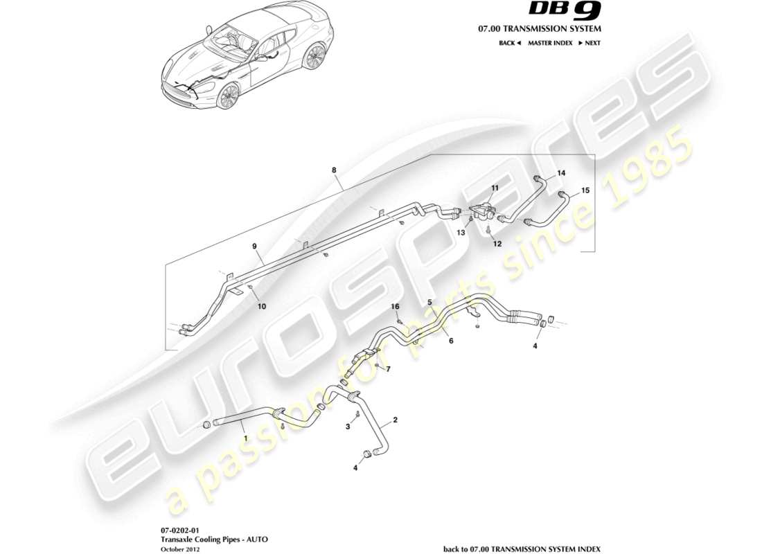 aston martin db9 (2013) schéma des pièces des tuyaux de refroidisseur d'huile de transmission
