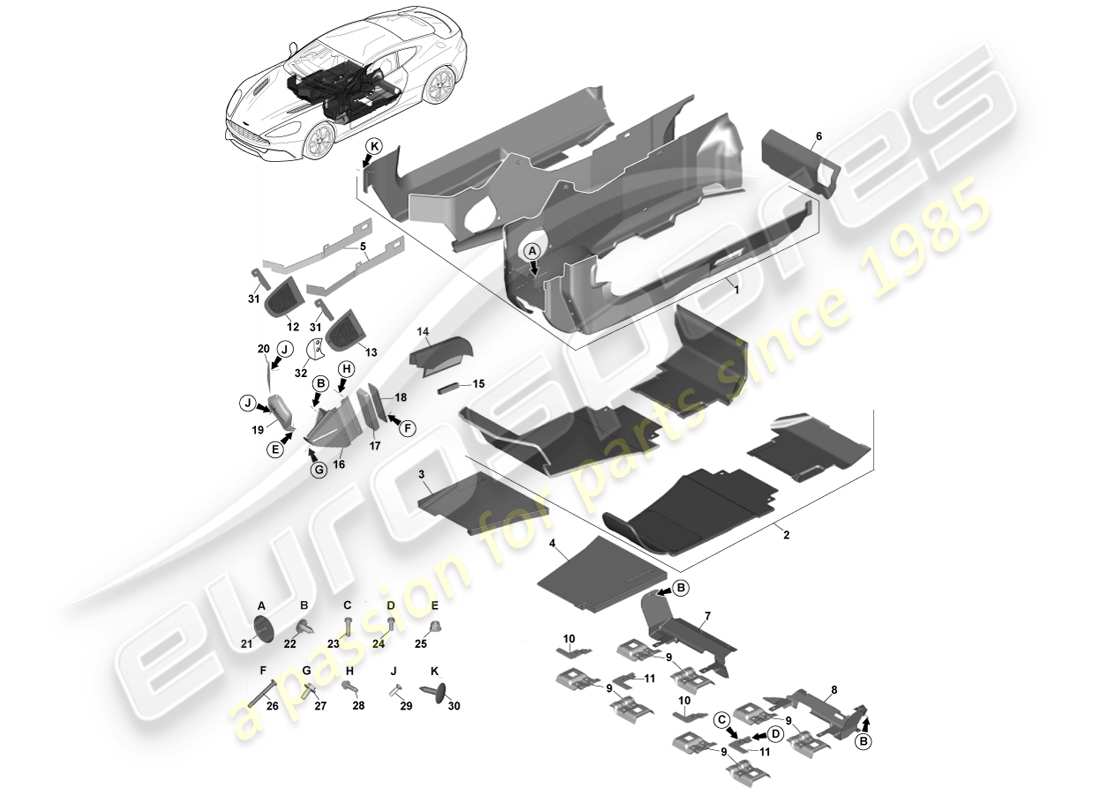 aston martin vanquish (2014) garniture de plancher principal, diagramme de pièce lhd