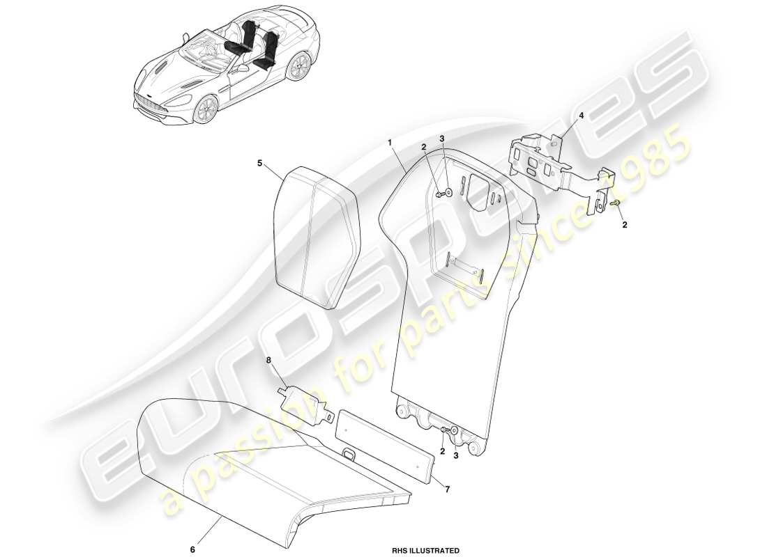 aston martin vanquish (2013) sièges arrière, diagramme de pièce volante