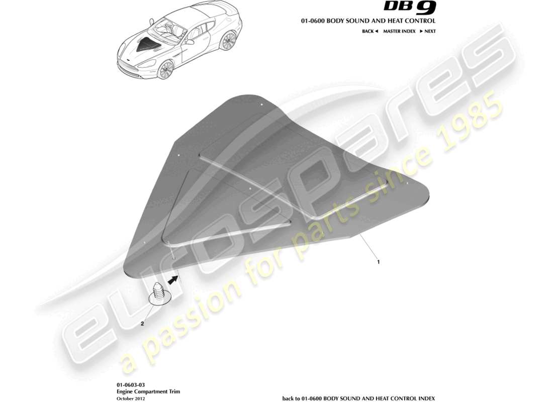aston martin db9 (2016) garniture du compartiment moteur schéma des pièces