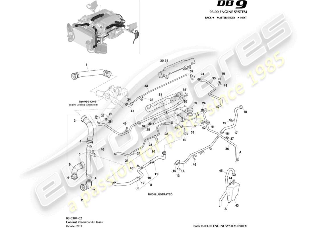 aston martin db9 (2013) réservoir et tuyaux de liquide de refroidissement schéma des pièces