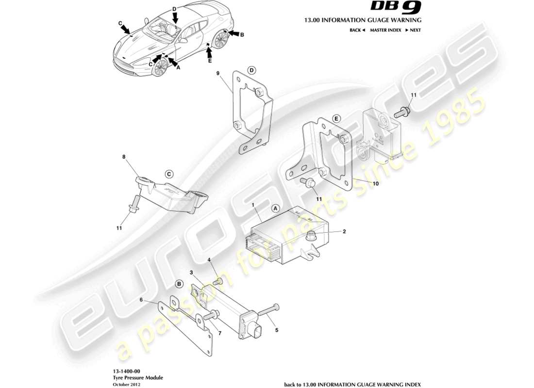 aston martin db9 (2014) schéma des pièces du module de pression des pneus